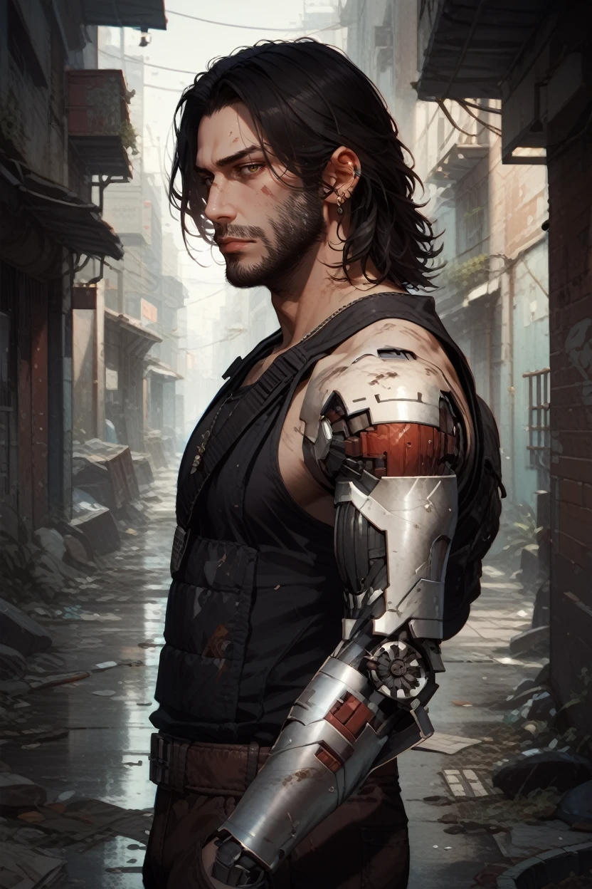 score_9, score_8_up, score_7_up,
<lora:CPJohnny:0.8>
CPJohnny, 1boy, black hair, brown eyes, beard, single mechanical arm, looking at viewer, standing in a back alley, surrounded by urban decay