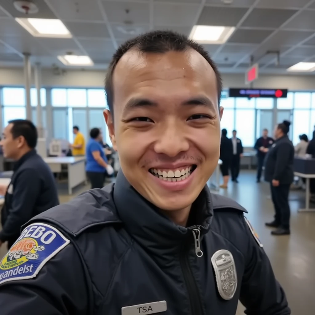 A professional airport security officer in an authoritative yet approachable stance. Wearing a crisp, dark blue TSA-style uniform with silver badges and patches, standard protective gear, and visible credentials on a lanyard. Natural expression showing alertness and professionalism. The background shows the familiar airport security checkpoint environment with its characteristic lighting and modern security equipment. Clear, professional documentary-style photography