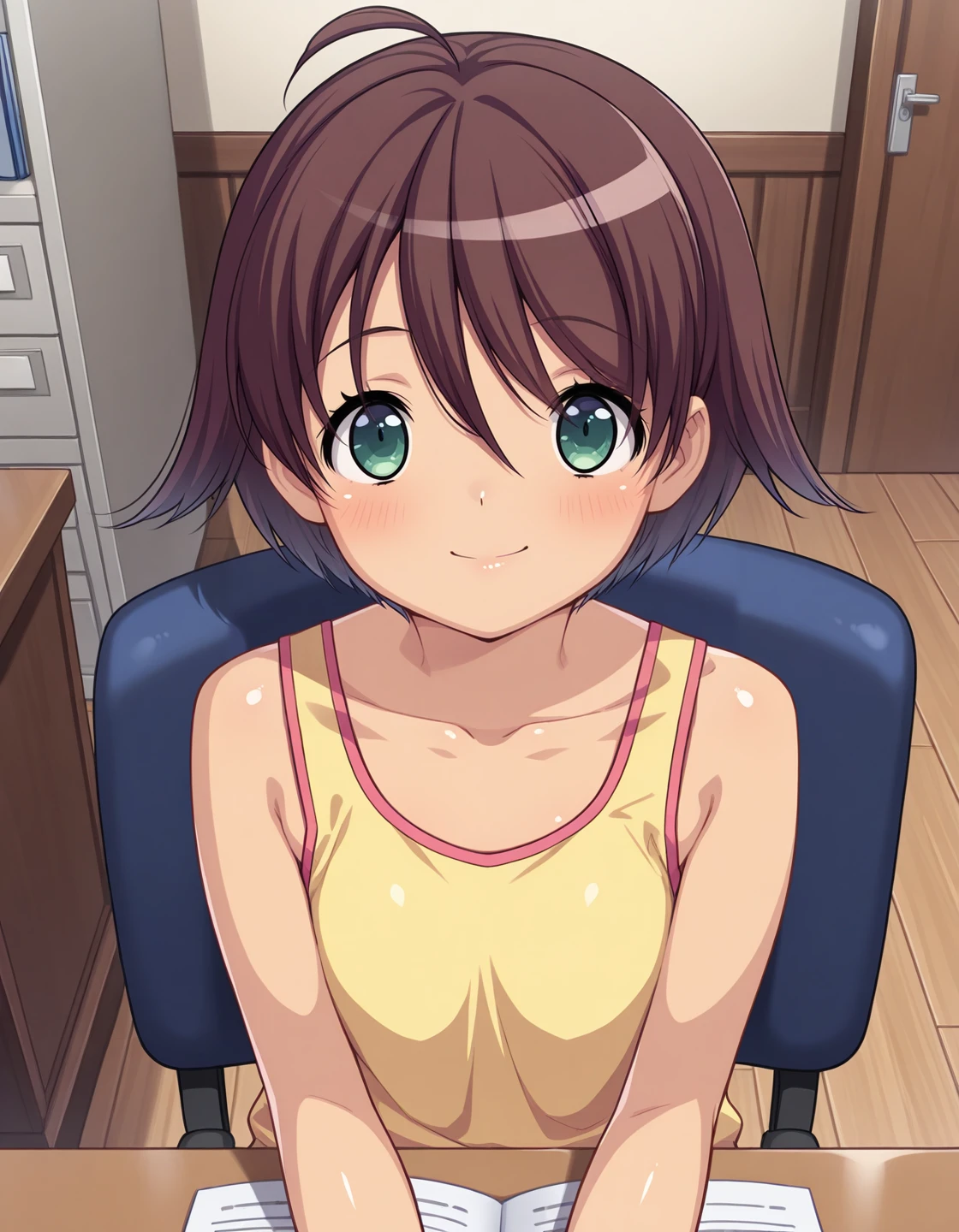 masterpiece, best quality, very aesthetic, absurdres, <lora:NeneS_T1V0-TMIL:0.90>, 
BREAK 1girl, solo,
NeneS_T1V0-TMIL, brown hair, short hair, hair between eyes, ahoge, green eyes,
yellow tank top, collarbone, bare shoulders,
sitting, on chair,
looking at viewer, smile, closed mouth,
indoors, office, office chair,