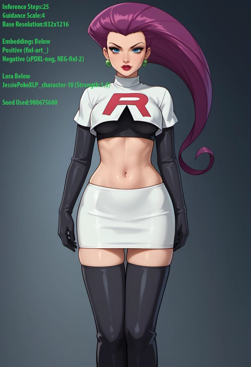 pokémo、big tits milf、big tits milf、big tits milf、Musashi、Red hair、arrogant and very selfish、Jessie Pokemon、solo、Team Rocket、gloves、all back、long hair、gem、skirt、belly button、thigh high socks、earrings、肘gloves、Team Rocketの制服、crop top、blue eyes、abdomen、white background、belt、黒いgloves、very long hair、simple background、smile、black stockings、purple hair、look at viewer、chest、白いskirt、ミニskirt