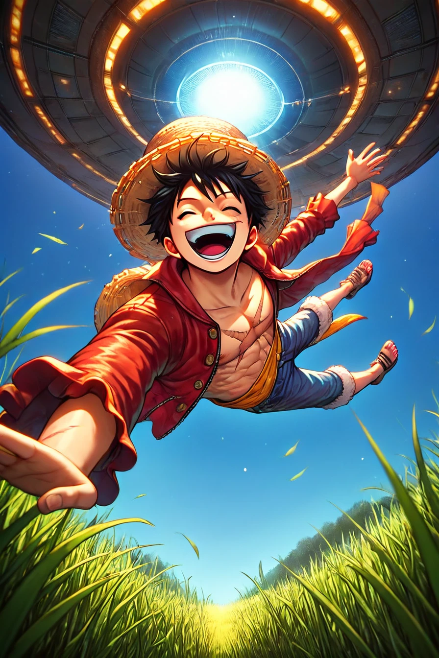 score_9, score_8_up, score_7_up, score_6_up, score_5_up, score_4_up, <lora:LUFFY_pony_XL:0.8>, Luffy, jacket, scar on chest, straw hat, black hair, laughing,  <lora:Alien_abduction-000011:0.8>, 1boy, solo, alone, alien_abduction, abduction, ufo, tractor beam, spacecraft, floating, from below, low-angle shot, grass, field, masterpiece, highres,