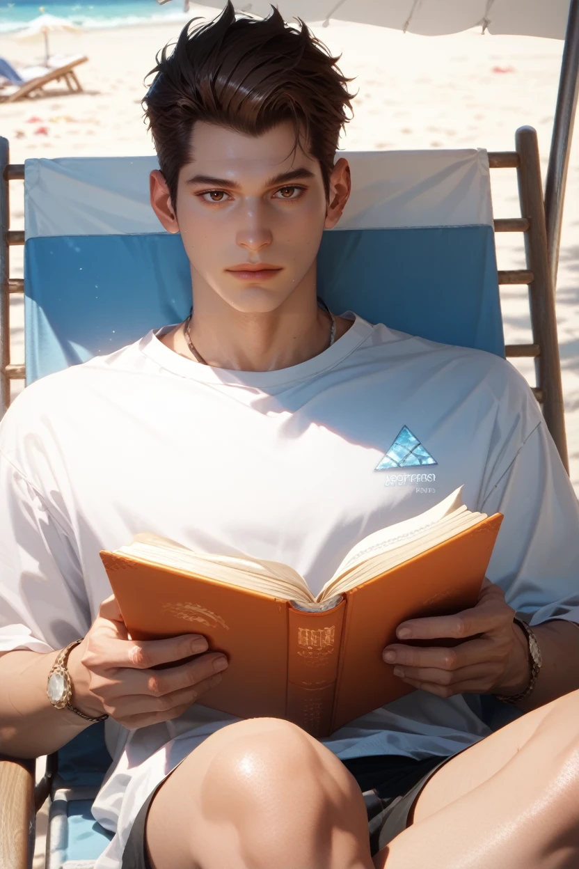 score_9, score_8_up, score_7_up,
<lora:DBHConnor:0.8>
DBHConnor, 1boy, brown hair, brown eyes, short hair, looking at viewer, solo, sitting on a beach chair, reading a book, umbrella shading him, ice-cold drink by his side, peaceful ambiance