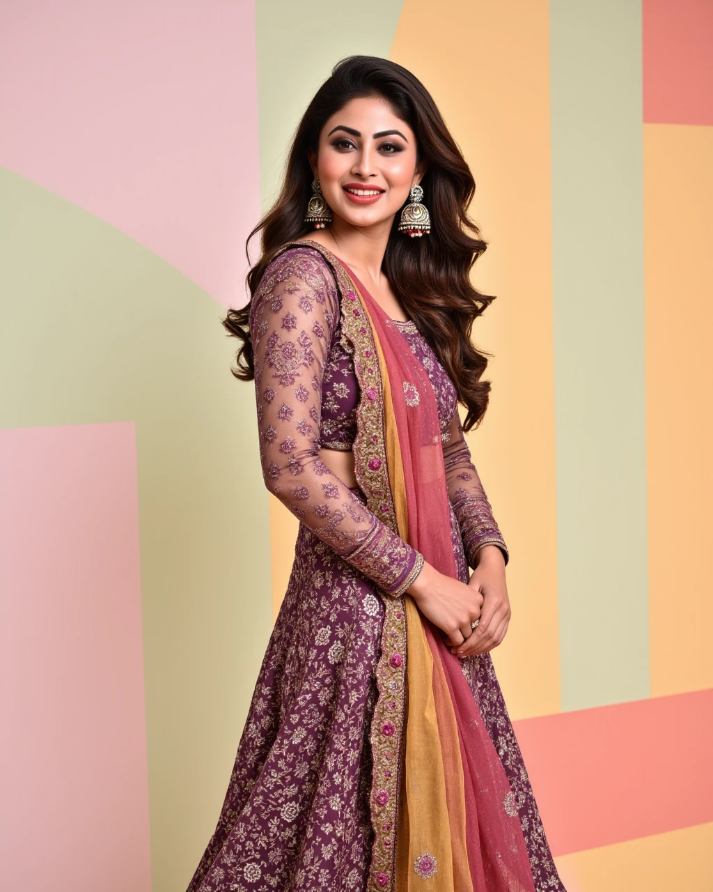 full body photo of Mouni Roy woman,candid photo with natural colors, laughing expression on face,studio quality, wearing intricate conservative long sleeved Plum Salwar Kameez, curls, pastel shaded multicolored background, cinematic soft lighting<lora:TestBed\Mouni_Roy_2024_Flux_Kohya_LoRA_v1-000017.safetensors:1.0:1.0>