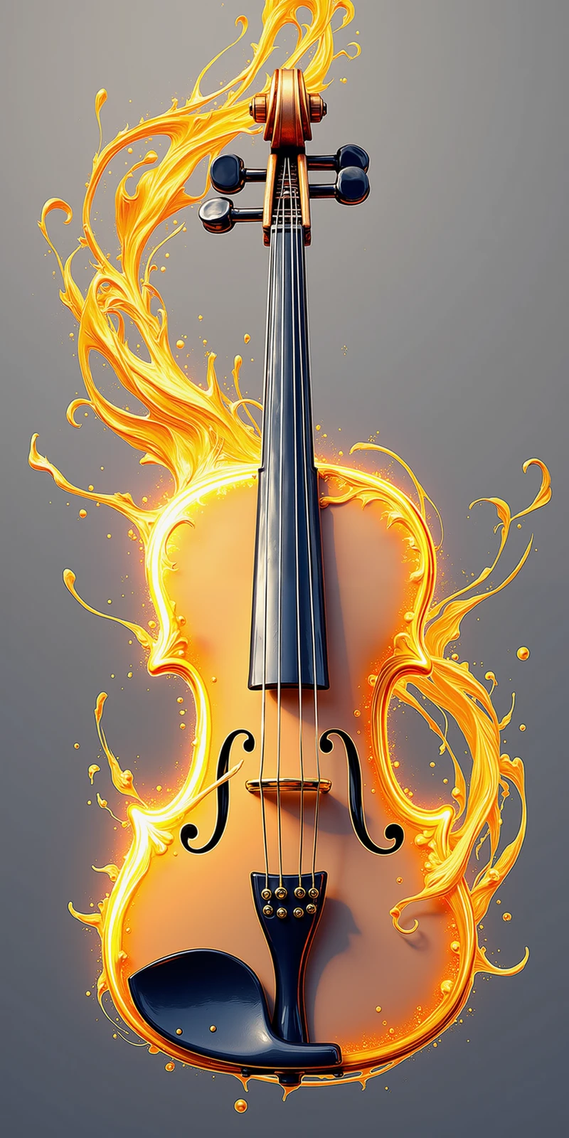 ~~"A violin suspended in mid-air, enveloped in a gentle yellow glow that reflects off its polished wooden surface. The glow catches every curve and contour of the violin, accentuating its elegant shape and making the strings shimmer against the dark backdrop."~~