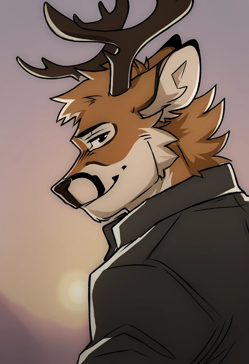 by maggotnizer, furry, solo, deer, bara, antlers, looking at viewer, seductive, smile, from side, <lora:Maggotnizer_style:1>, <lora:add-detail-xl:2>