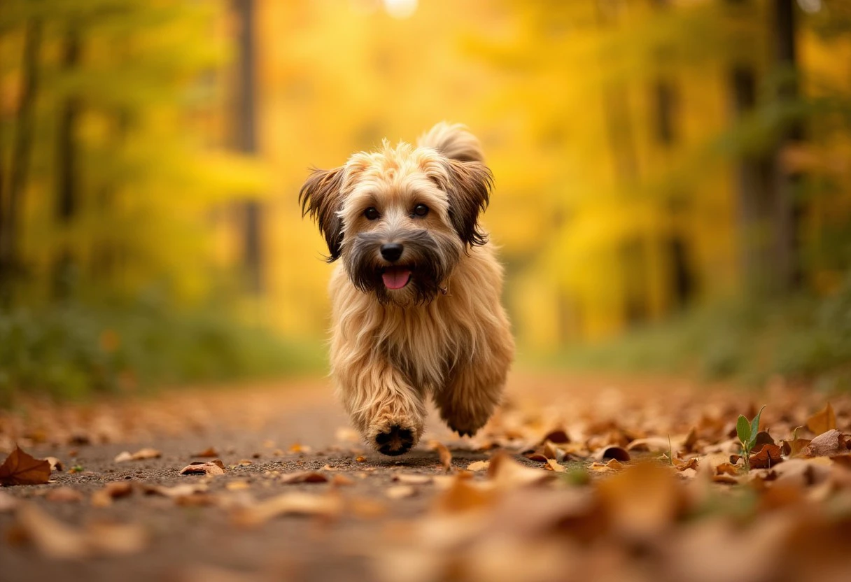 a havanese dog, running to the camera through a autumn forest with leaves on the ground, low angle, bokeh, golden hour