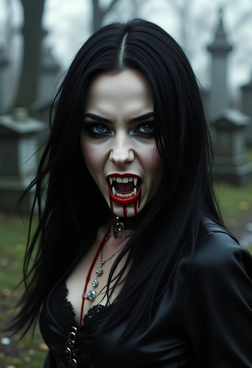 a attractive female russian vampire with long bloody Dracula fangs and black blowing fenzy hair, walking at a mystic graveyard, he is wearing a vampire gothic cloth,