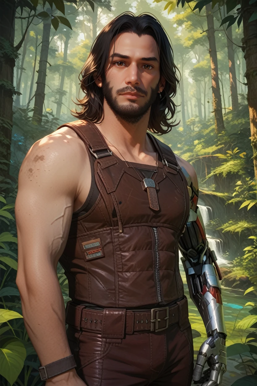 score_9, score_8_up, score_7_up,
<lora:CPJohnny:0.8>
CPJohnny, 1boy, black hair, brown eyes, beard, single mechanical arm, looking at viewer, standing amidst towering redwood trees in a lush forest