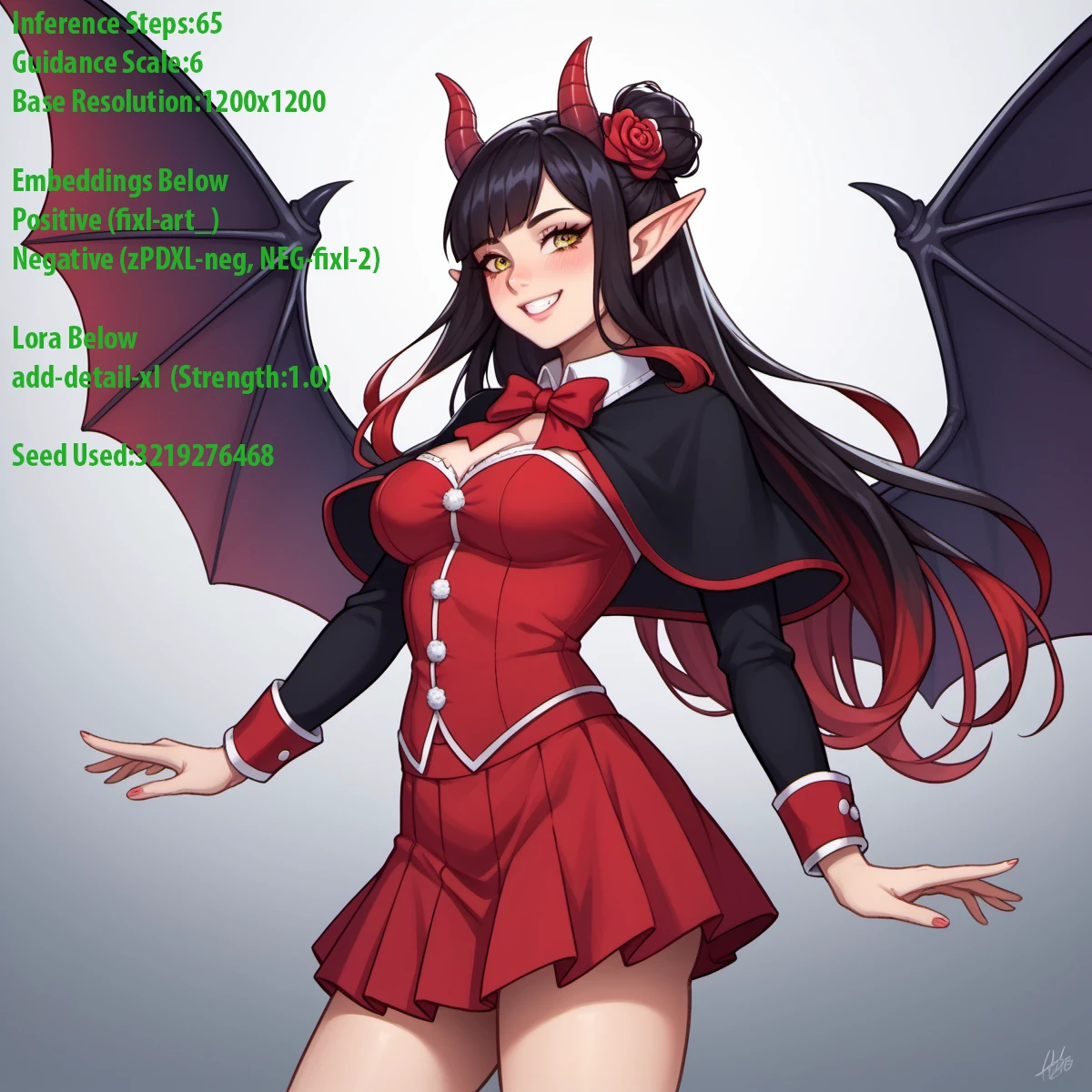 score_9, score_8_up, score_7_up, score_6_up, score_5_up, score_4_up, source_anime, rating_explicit, absurdres, beautiful color, aesthetic, 1girl, elf ears, small horns, red bow, red bowtie, blush, grin, sexy, bow, bowtie, breasts, capelet, closed mouth, demon wings, floating hair, flower, from side, gradient hair, hair bun, hair flower, hair ornament, long hair, looking at viewer, looking to the side, low wings, medium breasts, multicolored hair, black hair, red flower, raised eyebrows, shirt, sidelocks, single side bun, skirt, smile, solo, two-tone background, underbust, very long hair, black capelet, red shirt, red skirt, wings, yellow eyes, cowboy shot, fixl-art_