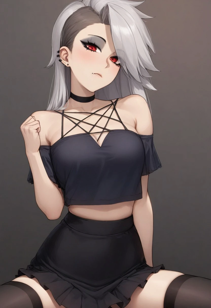 1girl, LoonaIllustriousV1Human, goth, goth girl, red eyes, thighhighs, black choker, piercing, ear piercing, eyeshadow, thighhighs, black thighhighs, choker, skirt