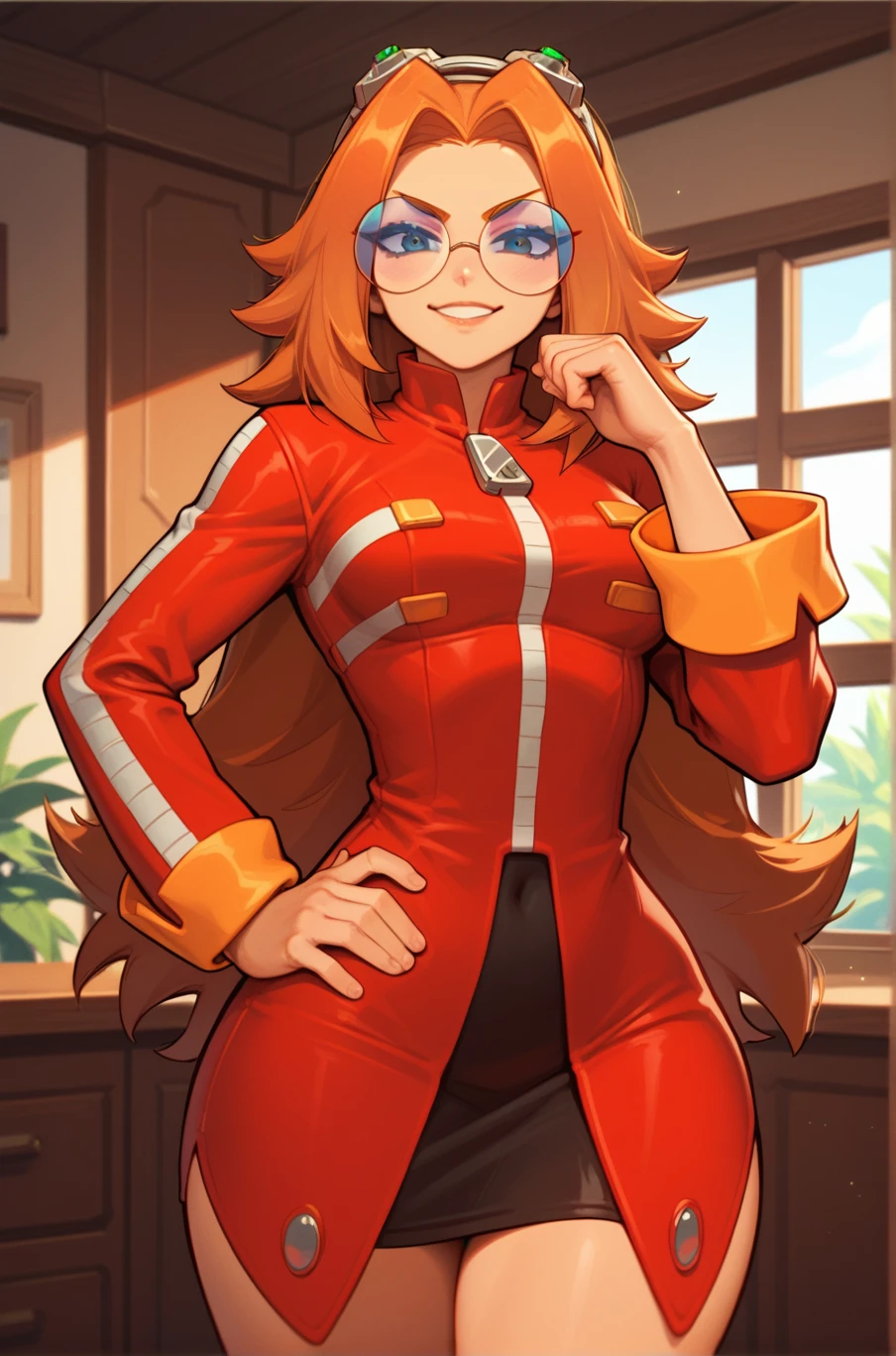 score_9, score_8_up, score_7_up, source_anime, masterpiece, best quality, absurdres, <lora:Female_Eggman:1>, 1girl, fem_eggman, standing, looking at viewer, light smile, standing, orange hair, round glasses, long hair, medium breasts, wide hips, hand up, clenched hand, hand on hip, indoors,