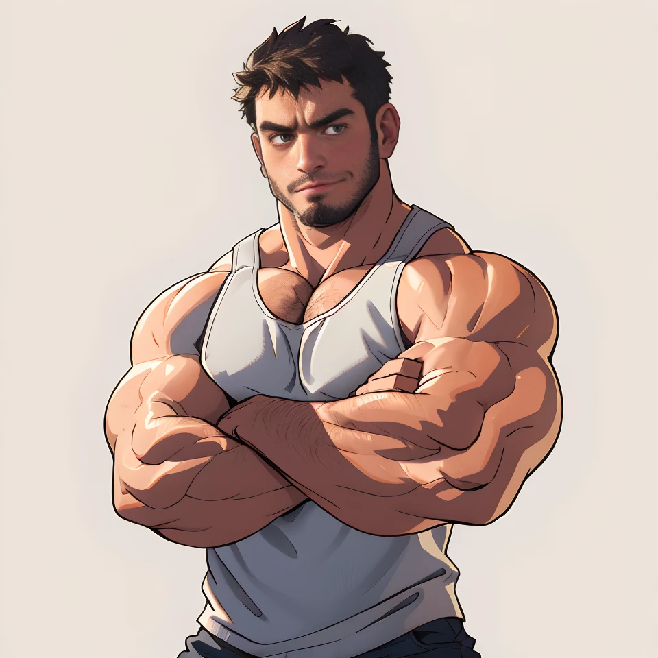 absurdres, highres, <lora:GavinWolfe:0.85>, gavinwolfe, muscular male, tank top, portrait, looking at viewer, simple background, masturbation, smirk, crossed arms, stubble