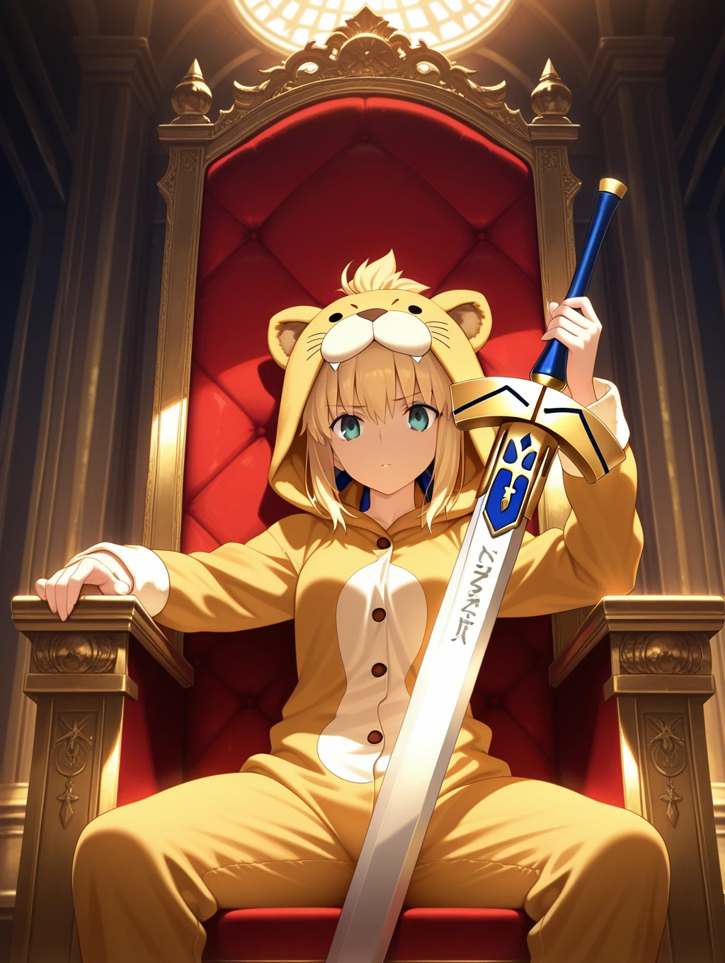 cowboy shot, 
1girl,holding sword, excalibur \(fate/stay night\), sword between thighs, 
 lion pajamas, animal hood, sitting on throne, 
indoors,throne room, 
,masterpiece,best quality,amazing quality,