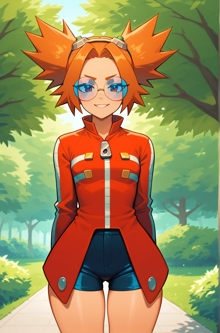 score_9, score_8_up, score_7_up, source_anime, masterpiece, best quality, absurdres, <lora:Female_Eggman:1>, 1girl, fem_eggman, standing, looking at viewer, light smile, standing, orange hair, round glasses, short twintails, spiked hair, small breasts, wide hips, outdoors, teenager, high twintails, shorts,