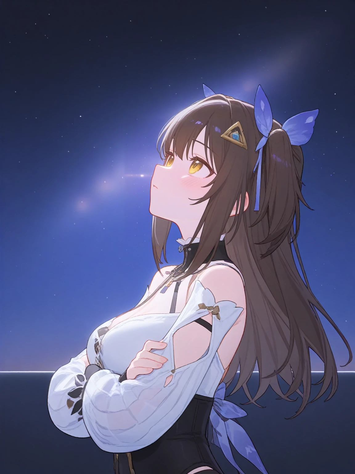 siris, siris-Ksana(Flutter of Ecstasy), brown_hair, twintails, hair clip, <lora:siris-Ksana(Flutter of Ecstasy)-tillunai3:0.8>,,blush,yellow eyes, confident,
solo,from side,pensive,pensive,upper body,arms crossed,looking up,vibrant nebula sky,lens flare,cinematic lighting,backlighting,reflection light,ray tracing,
best quality,amazing quality,very aesthetic,absurdres,masterpiece,best quality,amazing quality,very aesthetic,absurdres,masterpiece,[artist:ciloranko],[artist:ningen mame],{{artist:sushineko8}},(artist:tianliangduohefangdongye:1),, best quality,amazing quality,very aesthetic,absurdres,masterpiece,[artist:ciloranko],[artist:ningen mame],{{artist:sushineko8}},(artist:tianliangduohefangdongye:1)