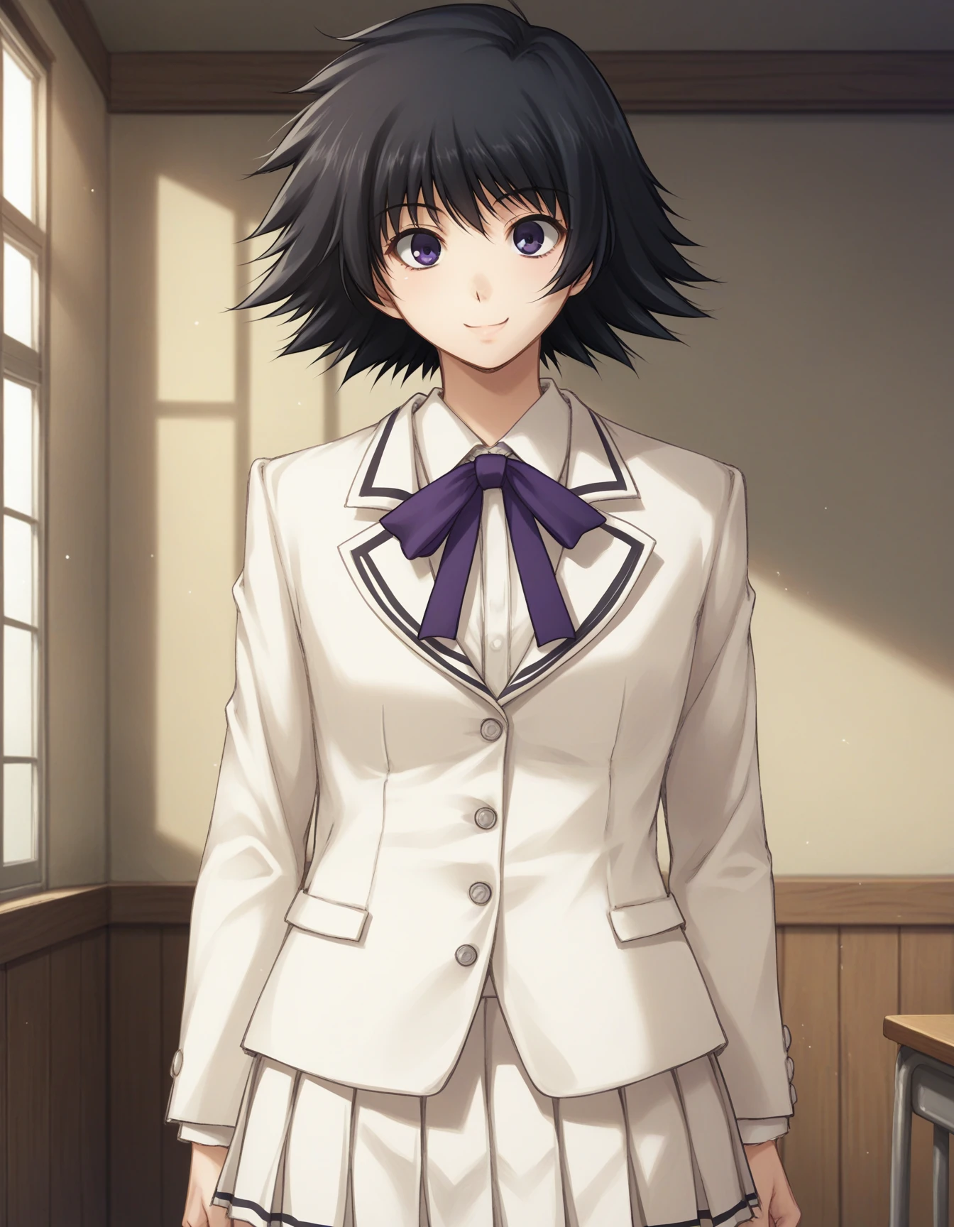 score_9, score_8_up, score_7_up BREAK 1girl, solo, yosomiya tsuzuriko, black hair, short hair, spiked hair, black eyes, purple eyes, smile, school uniform, white blazer, purple ribbon, neck ribbon, white skirt, medium skirt, pleated skirt, cowboy shot, indoors, japanese room, wooden wall, <lora:yosomiya_tsuzuriko_pdxl_v1:0.8>