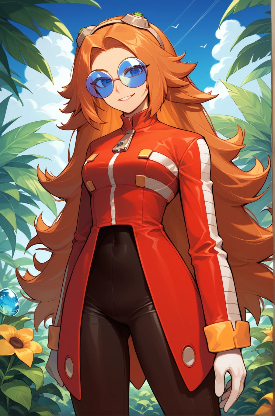 score_9, score_8_up, score_7_up, source_anime, masterpiece, best quality, absurdres, <lora:Female_Eggman:1>, 1girl, fem_eggman, outdoors, standing, looking at viewer, light smile, standing, orange hair, blue-tinted eyewear, round glasses, power plant, long hair,