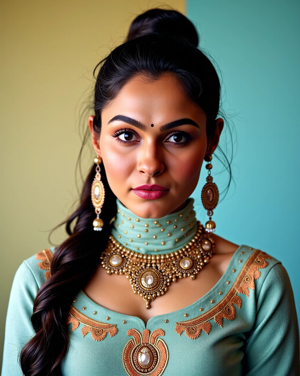 cowboy shot photo of Andrea Jeremiah woman,candid photo with natural colors, serious expression on face,studio quality, wearing intricate conservative turtleneck Cyan Rajasthani Lehenga, high ponytail, pastel shaded multicolored background, cinematic soft lighting<lora:TestBed\Andrea_Jeremiah_2024_Flux_Kohya_LoRA_v1-step00000200.safetensors:0.9:0.9>