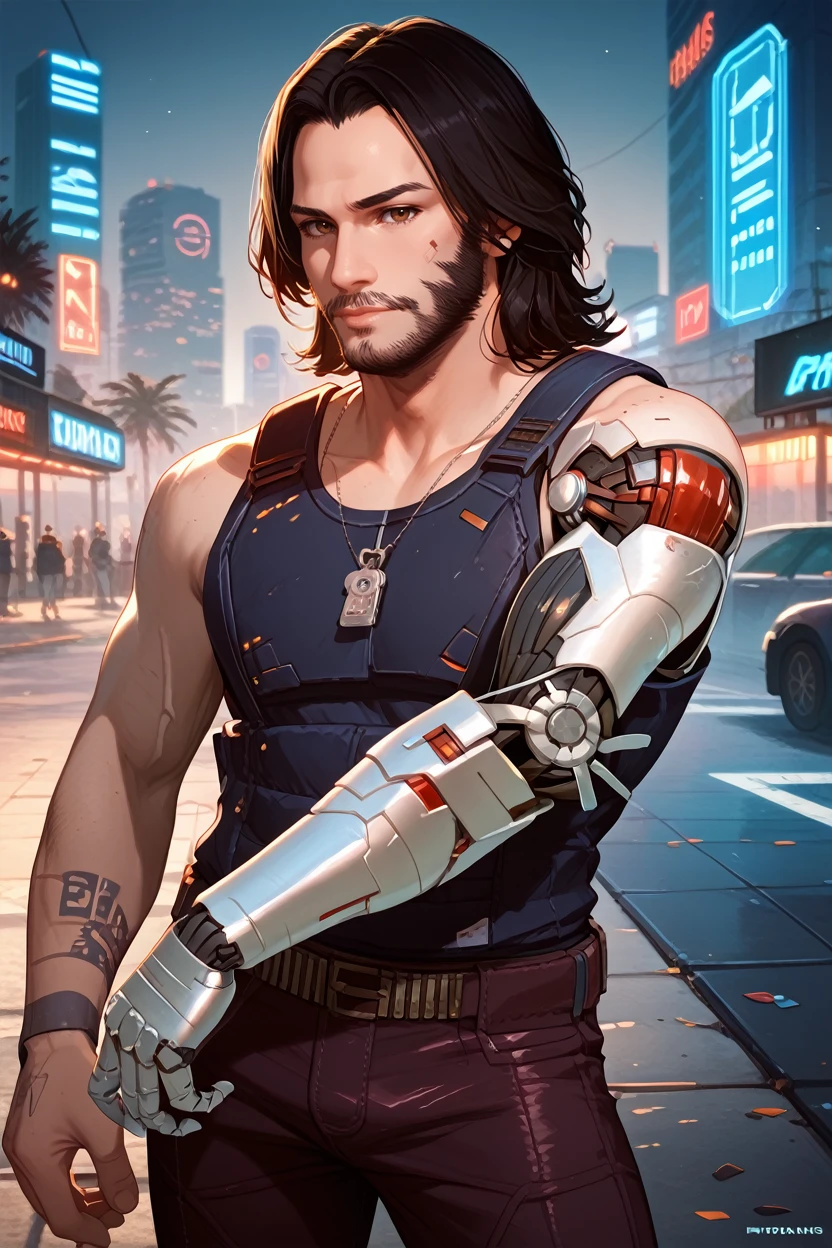 score_9, score_8_up, score_7_up,
<lora:CPJohnny:0.8>
CPJohnny, 1boy, black hair, brown eyes, beard, single mechanical arm, looking at viewer, dynamic pose, Futuristic urban park, neon holograms, sleek and modern