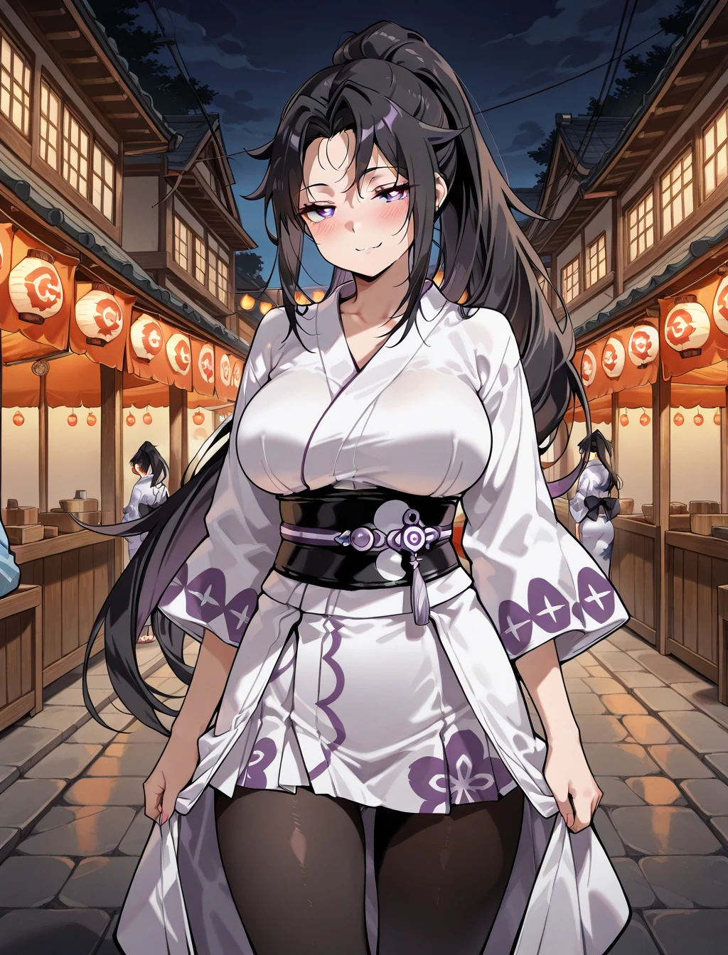 (masterpiece) ,best quality,amazing quality,very aesthetic,absurdres,newest, anime style, BREAK  F_Arby, town, festival, yukata, black pantyhose, ponytail, smug