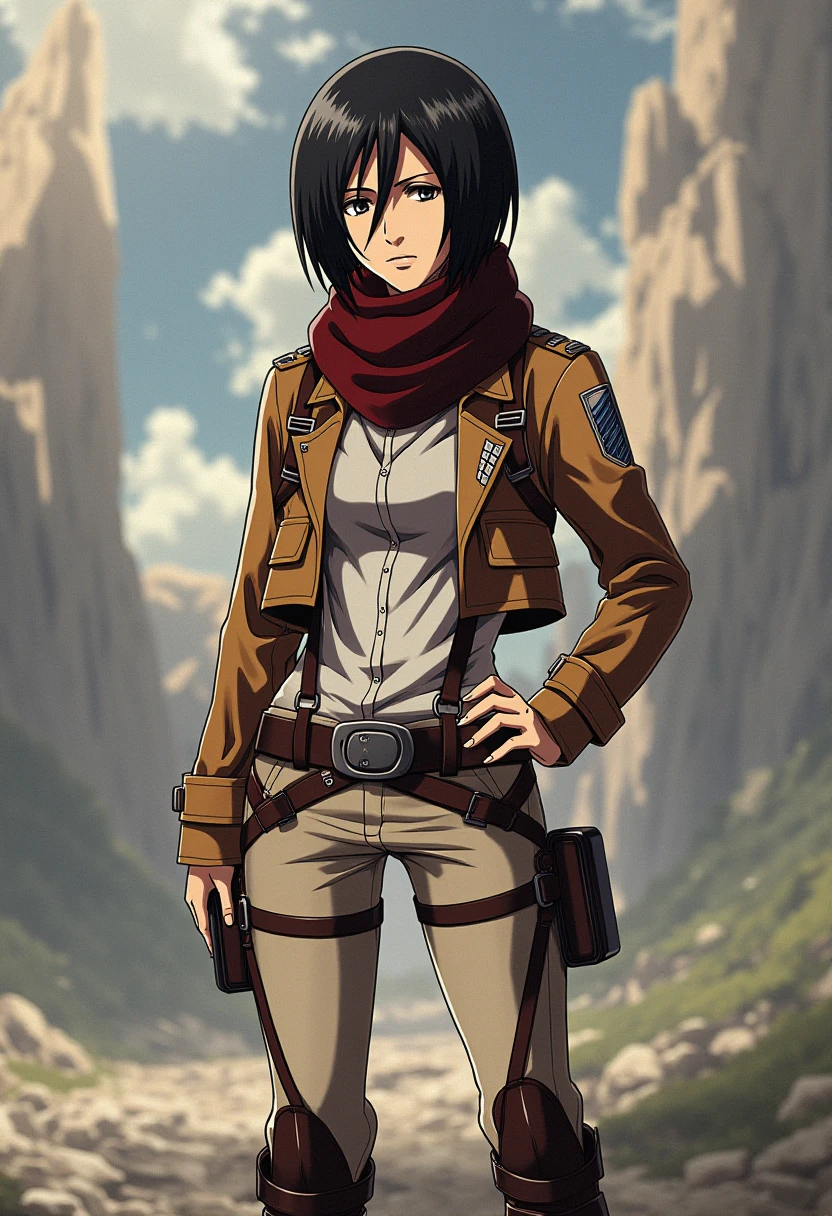 A detailed solo portrait of aot_mikasa
Anime style, sharp, high contrast and highly detailed,,
  <lora:attack_on_titan_mikasa_young_flux_v1_2-000008:1>, 
She is standing in a confident pose, with her left hand placed on her hip and her right arm hanging naturally by her side. Her posture reflects strength and composure, and her expression conveys seriousness and determination.
Her outfit is the iconic uniform of the Survey Corps from Attack on Titan. She is wearing a cropped brown jacket with the Survey Corps emblem on the left chest and both shoulders. Beneath the jacket is a fitted white button-up shirt, paired with a maroon scarf wrapped around her neck. Her lower body features beige fitted pants with a complex harness system that includes brown leather straps and buckles, used for securing the Vertical Maneuvering Equipment. She also wears dark brown knee-high boots, completing the military-style uniform. The overall outfit is practical and designed for mobility, reflecting her role as a soldier.