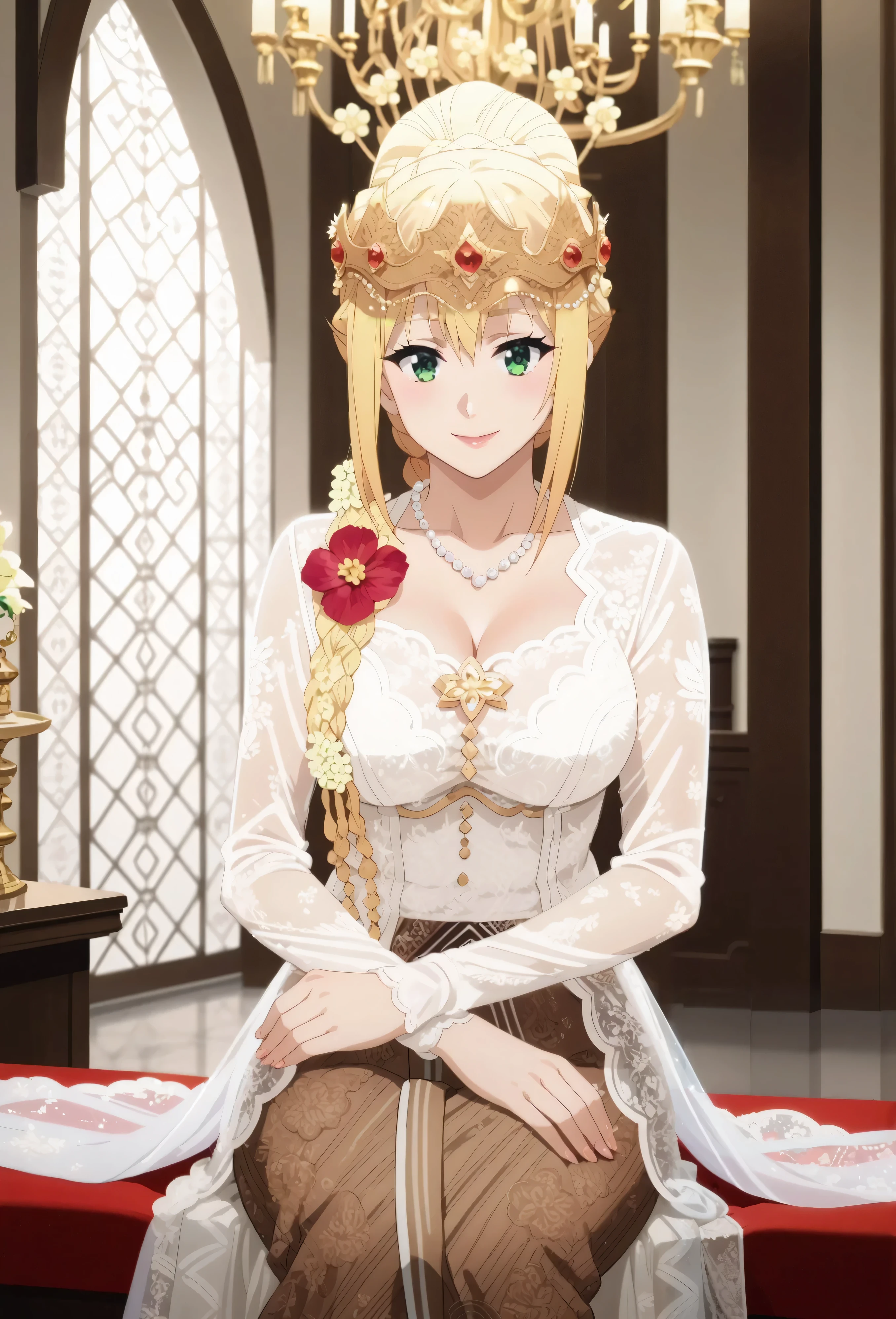 score_9, score_8_up, score_7_up, masterpiece, best quality, source_anime, BREAK 1girl,rdarkness \(konosuba\), long hair, green eyes, blonde hair, hair ornament, ponytail, braid, x hair ornament, large breasts, kebaya wedding dress, crown, looking at viewer, flower, slight smile, hair ornament, hair flower, sitting, see-through, brown skirt, white dress, indoor, royal palace, chandelier, ornate decorations, anime screencap, knee-up, crossed hands, hair bun, pearl necklace, regal atmosphere, soft lighting