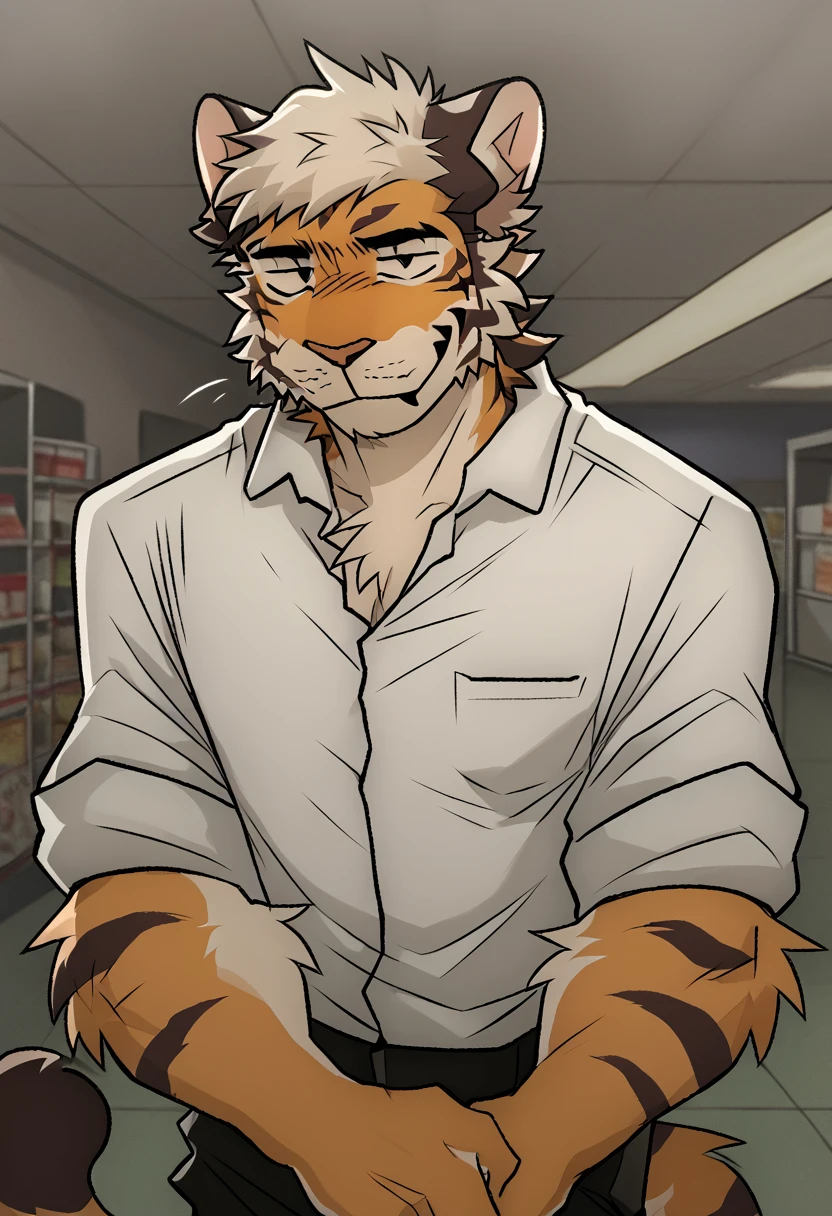 by maggotnizer, furry, solo, tiger, bara,  shirt, rolled up sleeves, looking at viewer, seductive, smile, <lora:Maggotnizer_style:1>, <lora:add-detail-xl:2>