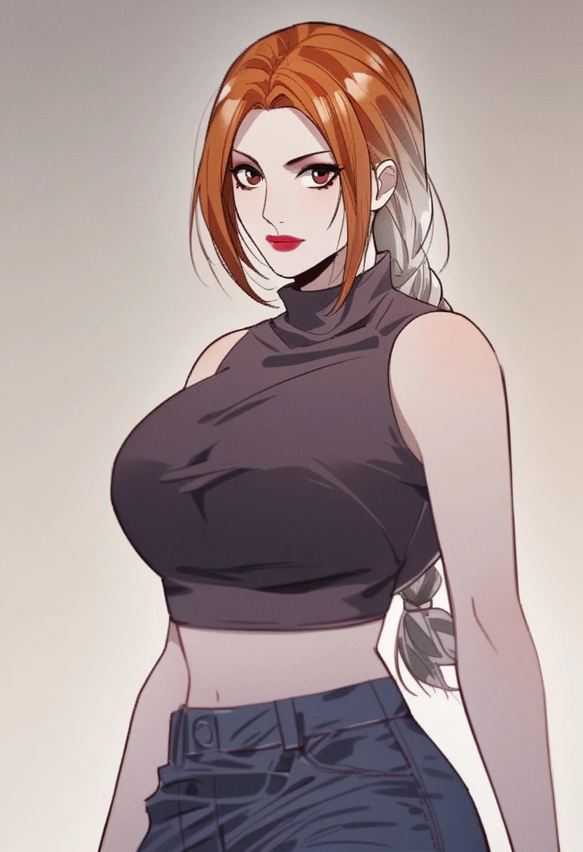 score_9, score_8_up, score_7_up, BREAK, AnMenglan, gradient hair, orange hair, white hair, orange eyes, large breasts, red lips, makeup, CasualPurple, long hair, braided ponytail, single braid, turtleneck, sleeveless crop top, black crop top, midriff, jeans, 1girl, solo,