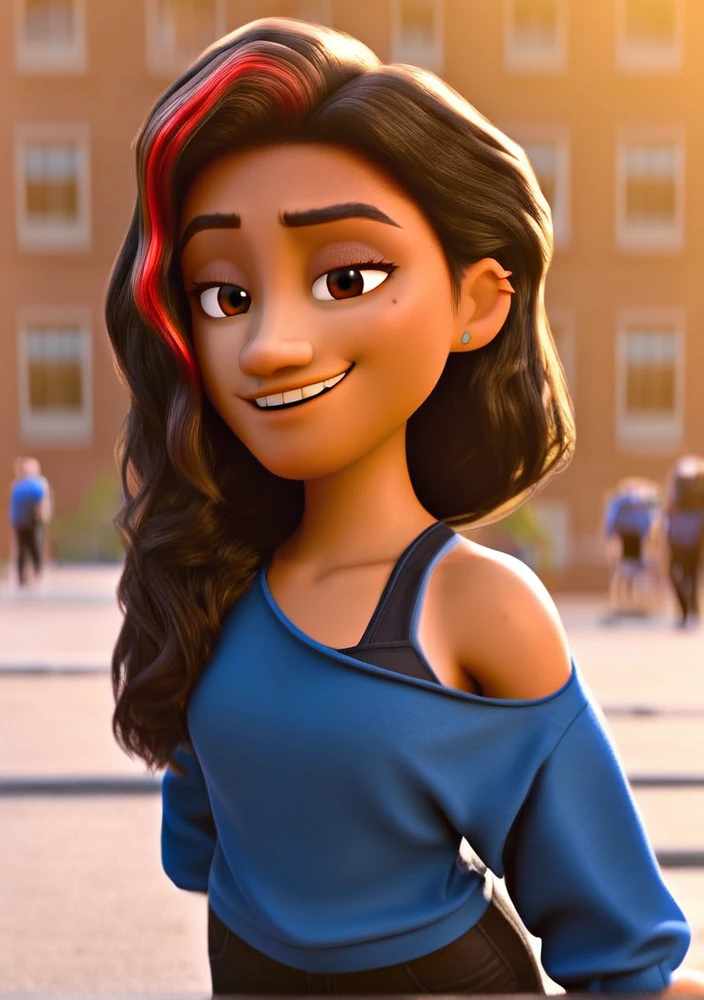 masterpiece,best quality,
 valortiz, 1girl, blue shirt, exposed left shoulder,  dark hair, multicolored hair, black pants, brown eyes, tan skin, (3/4 angle:1.2), relaxed, smug smile, hyperdetailed