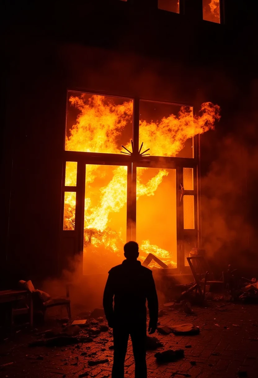 WarinUA, The doors of a large building are engulfed in flames. A person stands in front of the burning entrance, staring at the destruction. Debris and broken furniture litter the ground. The fire blazes intensely, sending sparks into the night air. The scene is chaotic and filled with tension.