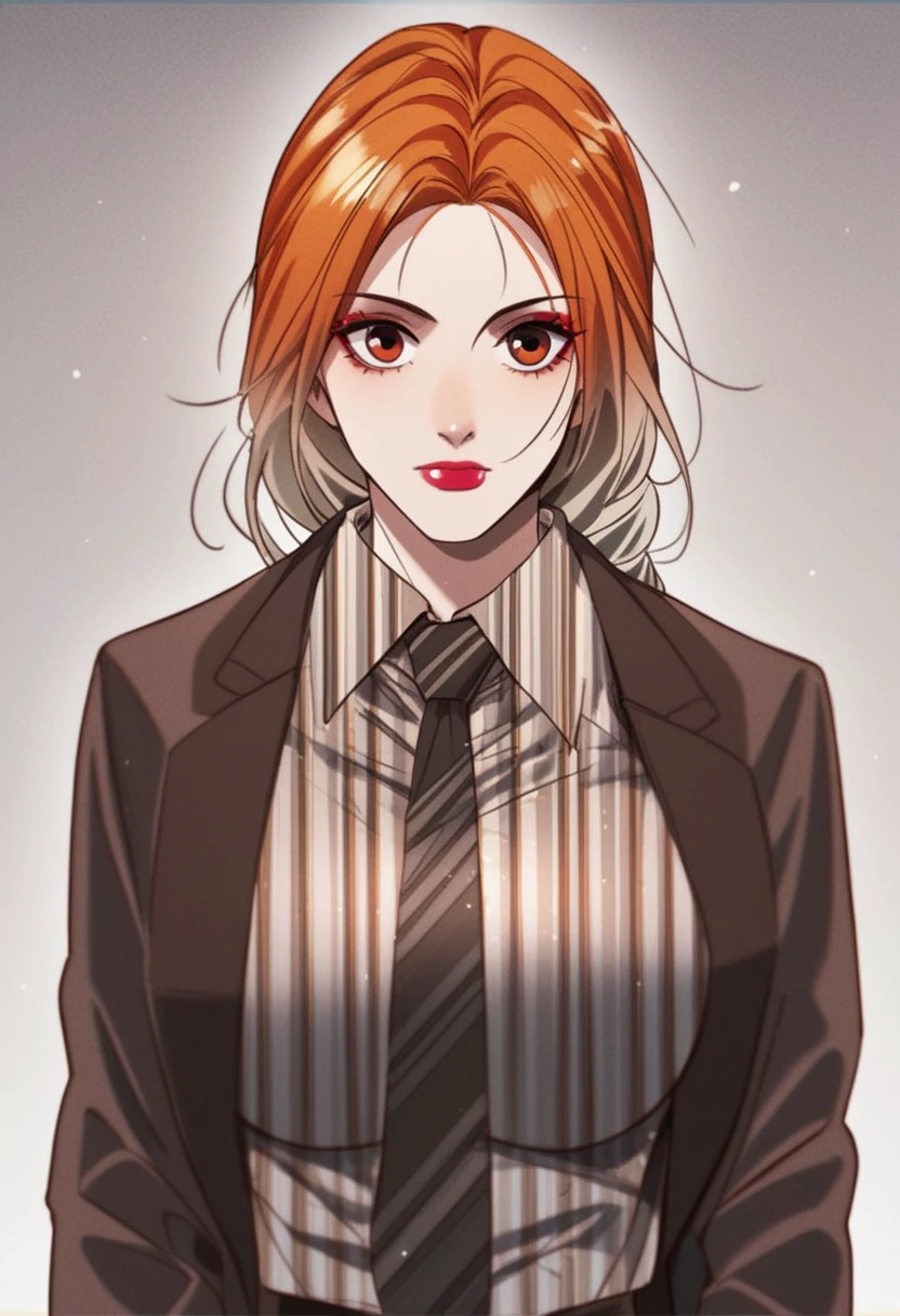 score_9, score_8_up, score_7_up, BREAK, AnMenglan, gradient hair, orange hair, white hair, orange eyes, large breasts, red lips, makeup, AnIncognito, long hair, braided ponytail, single braid, striped shirt, collared shirt, grey shirt, black necktie, brown jacket, brown skirt, 1girl, solo,