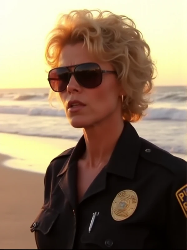 <lora:Leslie_EasterbrookV2:0.9> leslie easterbrook, woman with blond hair, dressed as a cop with sunglasses. On the beach at sunset