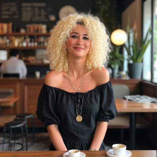 <lora:Tuvana_Turkay_Flux:1>  beautiful detailed photograph, curly platinum blonde volunmious hair, makeup, wearing a boatneck dress, standing in a cafe, smiling