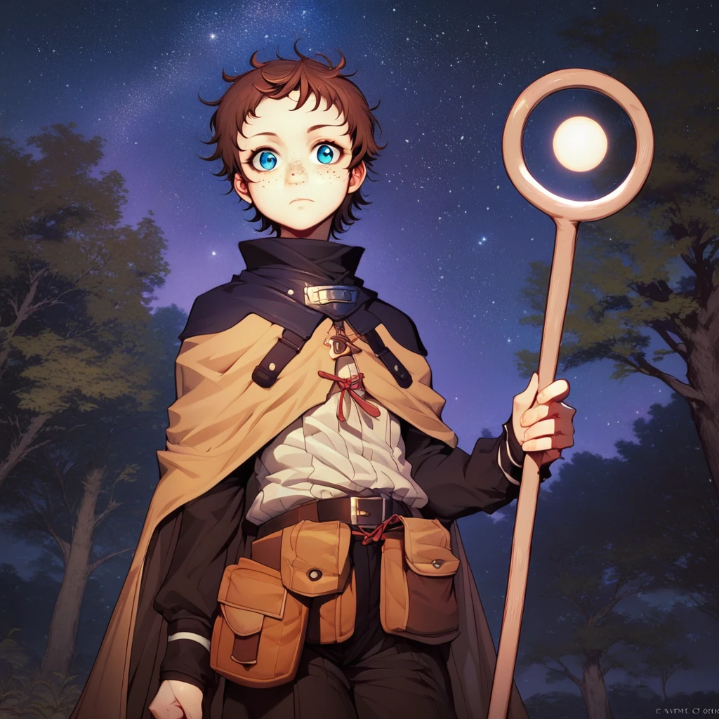 score_9, score_8_up, score_7_up, Ninya, ninya, celicia veyron, overlord, 1girl, freckles, night, pouch, solo, brown hair, outdoors, cape, holding, sky, night sky, staff, tree, star (sky), short hair, belt pouch, belt, blue eyes, looking at viewer, starry sky, fire, holding staff, closed mouth, long sleeves