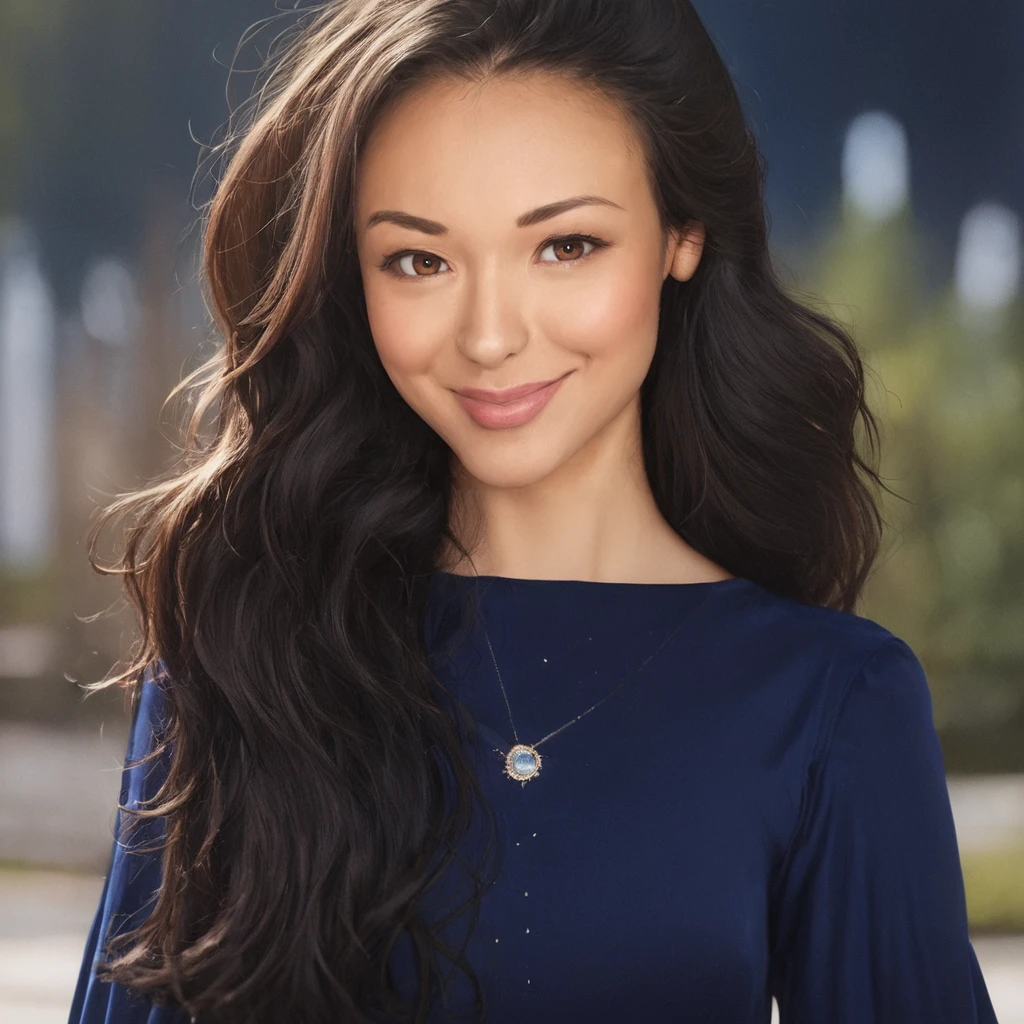 masterpiece, best quality,  depth of field, <lora:Pony_-_Brenda_Lowe_Survivor_Seasons_21_and_26:1>, br3ndalow3, solo, 1girl, realistic, long hair, black hair, brown eyes, smile, lips, looking at viewer, upper body, blue dress, dress