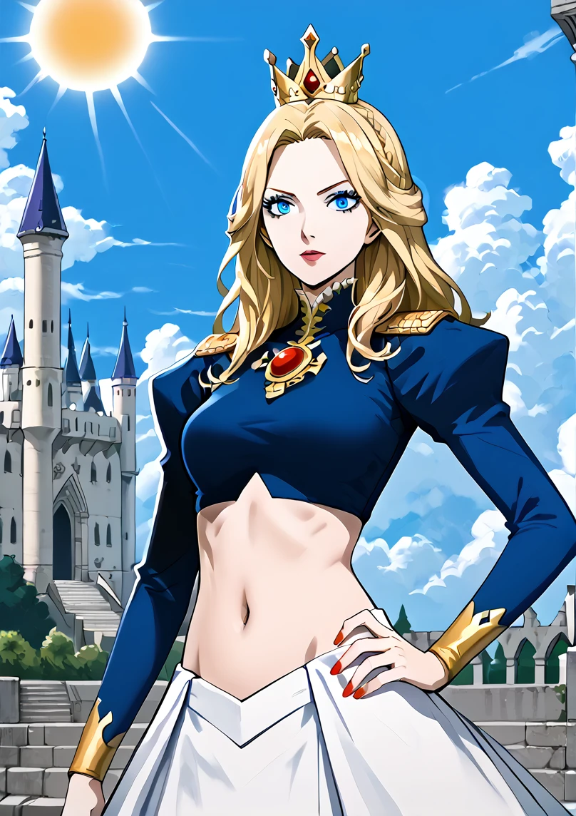 1girl, solo,
score_6, score_7, score_8, score_9,
masterpiece, best quality, highly detailed, lips, eyeliner, 
 <lora:Fully_Exposed_Stomach:1>, FullyExposedStomach, midriff, navel, sexy pose, confident, hand on hip, queen, castle, day, clouds, sun, colored nails, tight clothes, long sleeves,  queen outfit, long_skirt, blond hair, blue eyes,