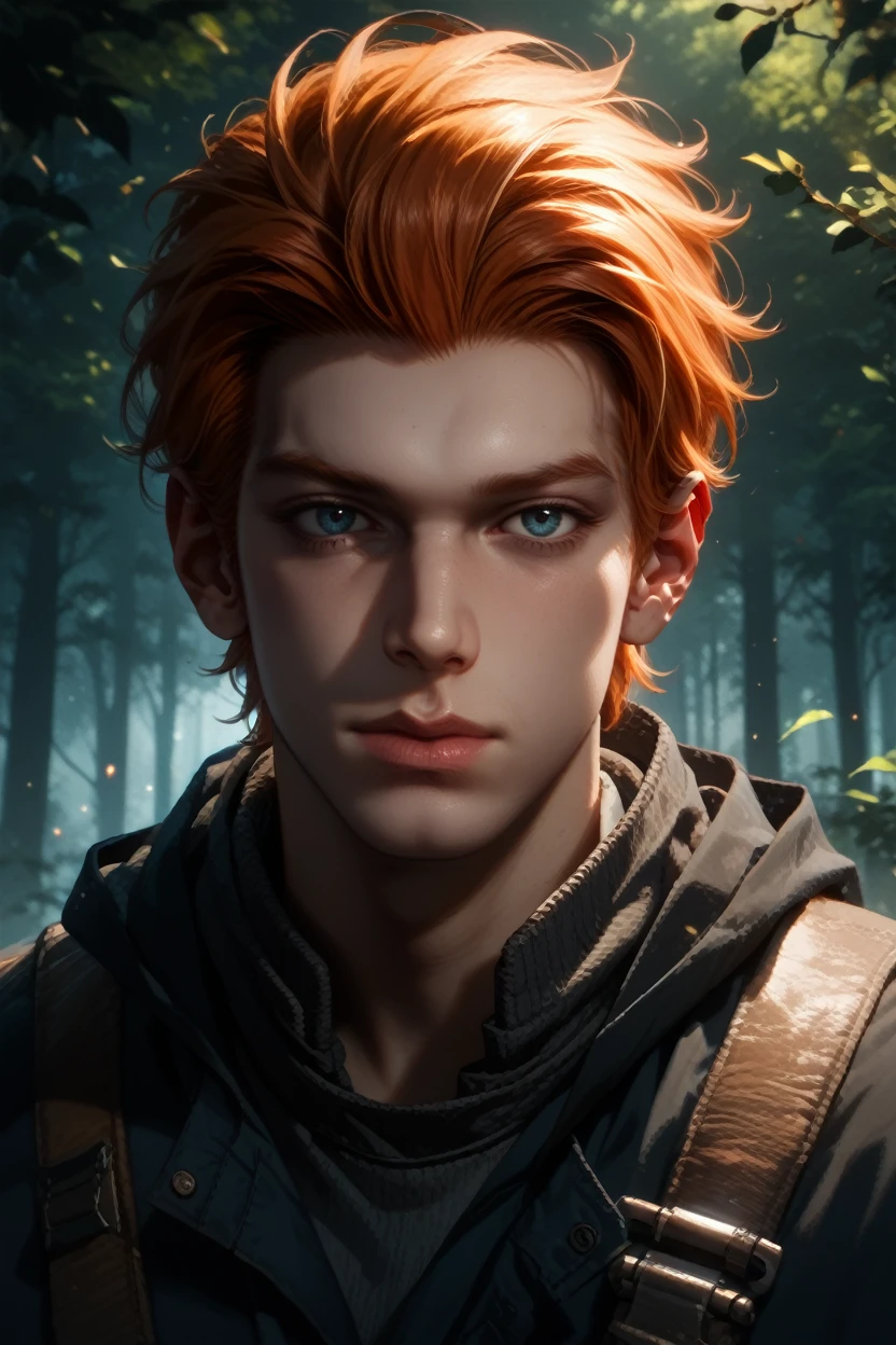 score_9, score_8_up, score_7_up,
<lora:StarCalKestis:0.8>
StarCalKestis, 1boy, orange hair, blue eyes, short hair, looking at viewer, standing in a Dark forest with moonlight filtering through, mysterious and serene