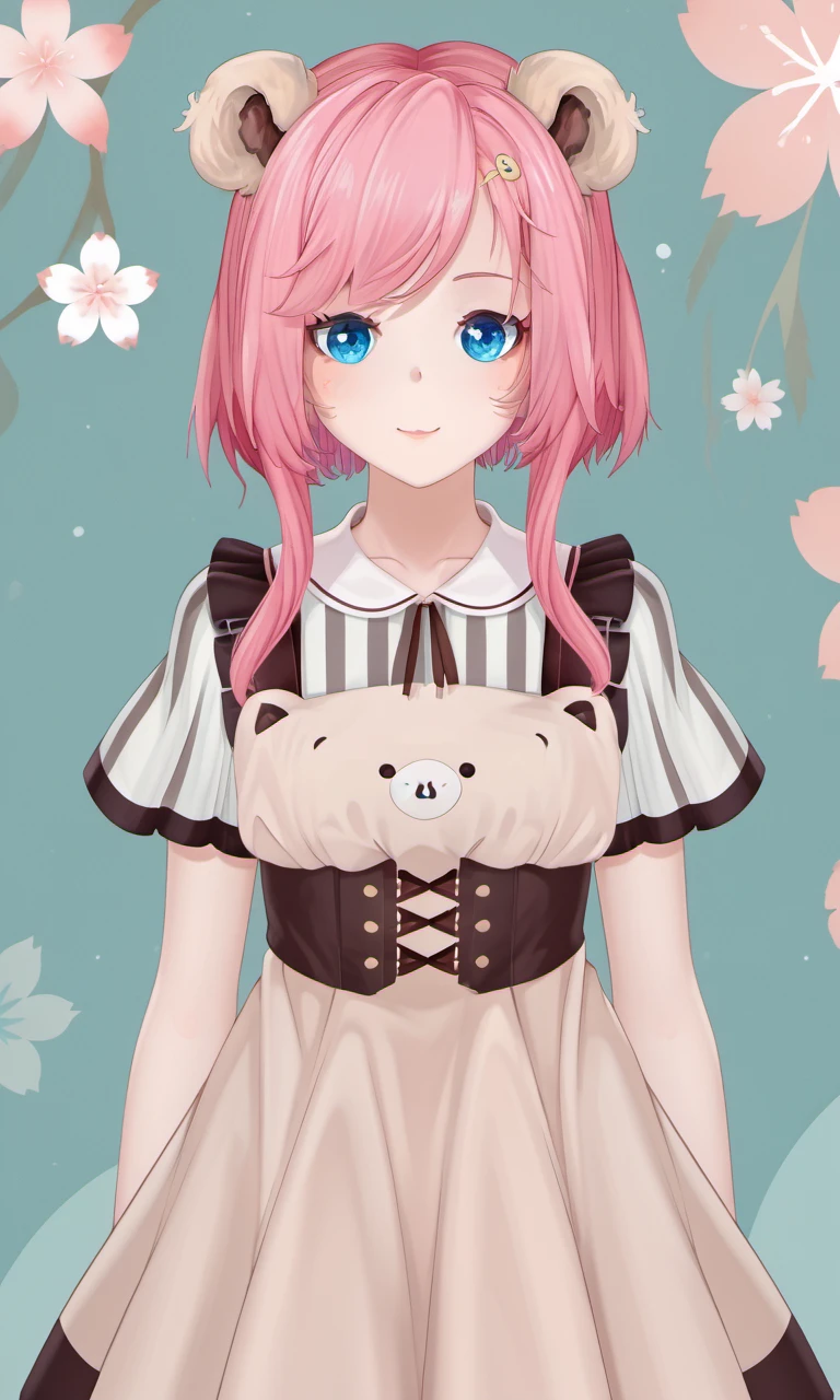 satiakura, 1girl, virtual youtuber, blue eyes, pink hair, short hair, hair ornament, bear ears, vertical striped shirt, apron dress, bracelet, corset belt, vertical striped thighhighs, shoes