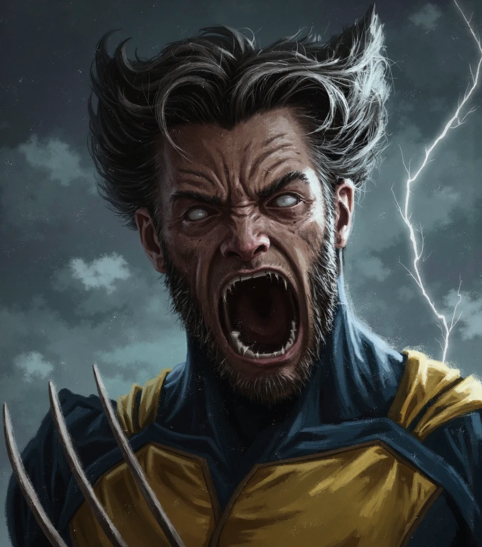 1ngra551a. A digital painting of Wolverine in rage closeup portrait, sharp fierce eyes, furrowed brows, aggressive facial expression, bared sharp teeth, sideburns, iconic yellow and blue X-men suit, adamantium claws extended, bulging neck muscles, sweat on his face, windblown dark hair, dramatic lighting, stormy sky background with lightning bolts, visible dynamic brush strokes, high contrast, Marvel Comics style