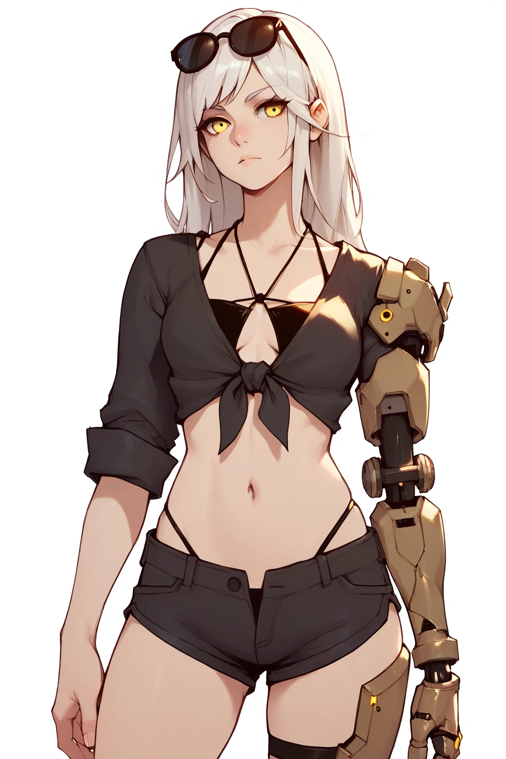 <lora:Nier_Gayle-PONY:0.8> 1girl, solo, cowboy shot, white background, white hair, long hair, bangs, yellow eyes, summergayle, eyewear on head, front-tied shirt, black bikini, short shorts, prosthetic, score_8_up, score_7_up, score_6_up, score_5_up, score_4_up,