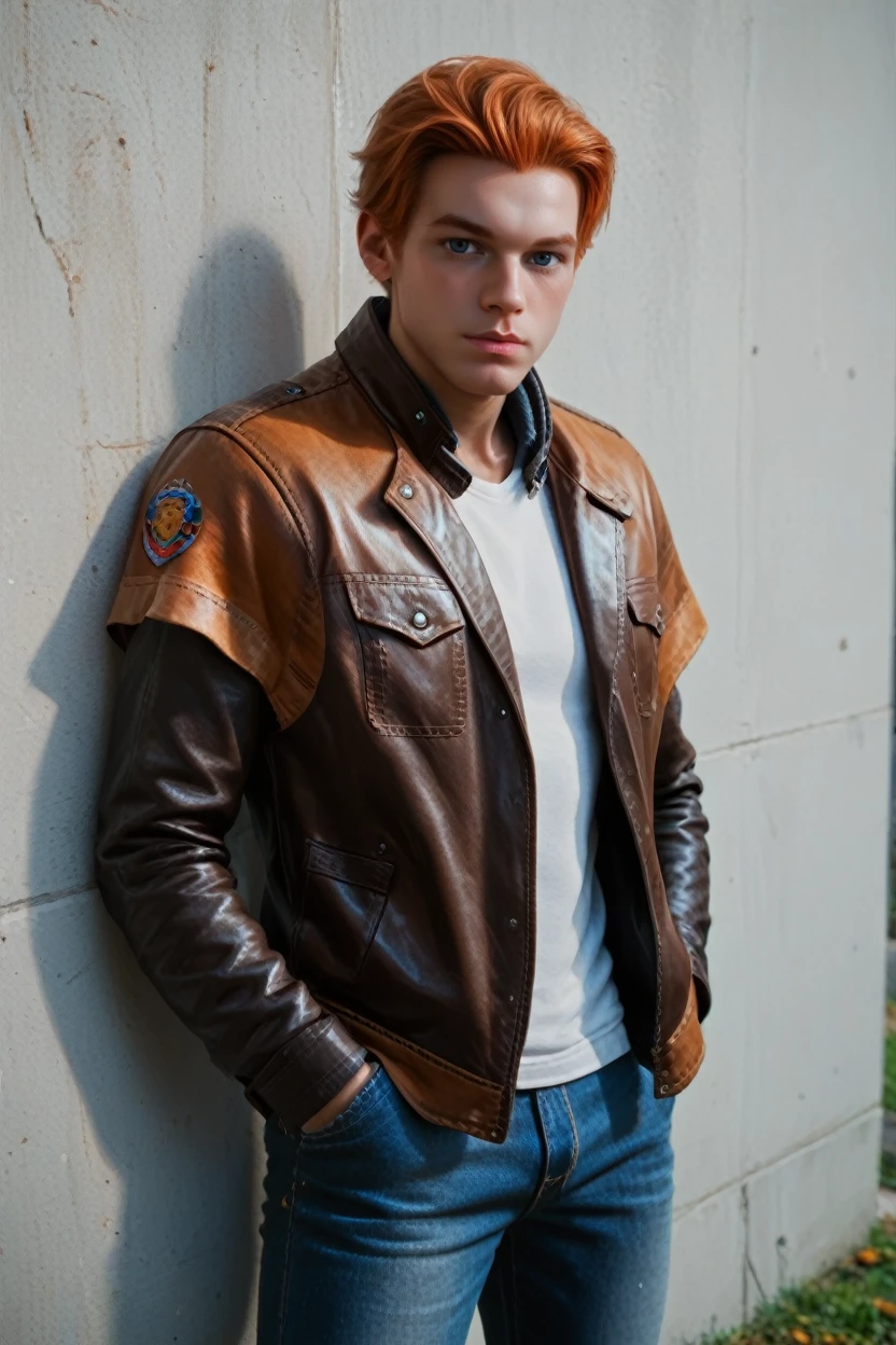 score_9, score_8_up, score_7_up,
<lora:StarCalKestis:0.8>
StarCalKestis, 1boy, orange hair, blue eyes, short hair, looking at viewer, leaning against wall, outside, leather jacket, jeans, hands in pocket, at night