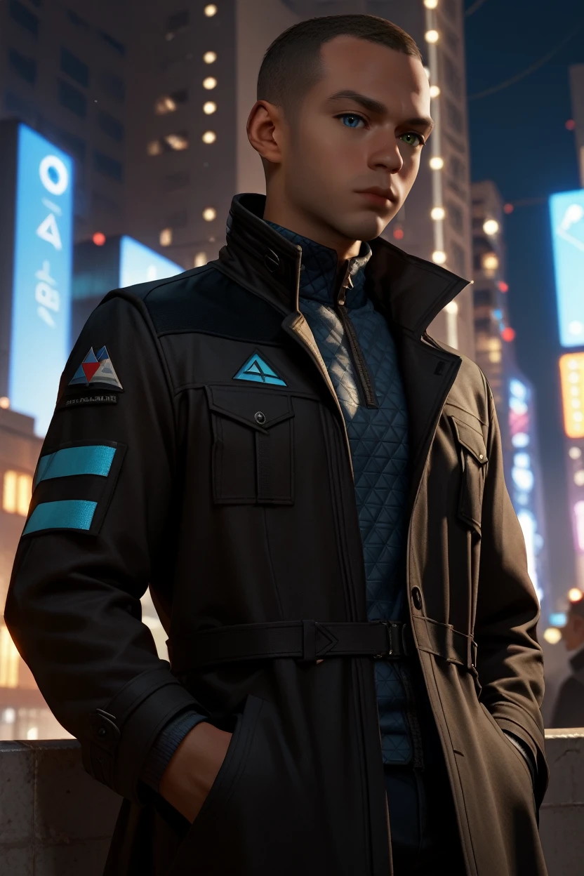 score_9, score_8_up, score_7_up, 
<lora:DBHMarkus:1.0>
DBHMarkus, 1boy, buzz cut, heterochromia, blue eyes, green eyes, tanned, looking at viewer, On a high-rise rooftop, sharp black trench coat, city lights below, hands in pockets