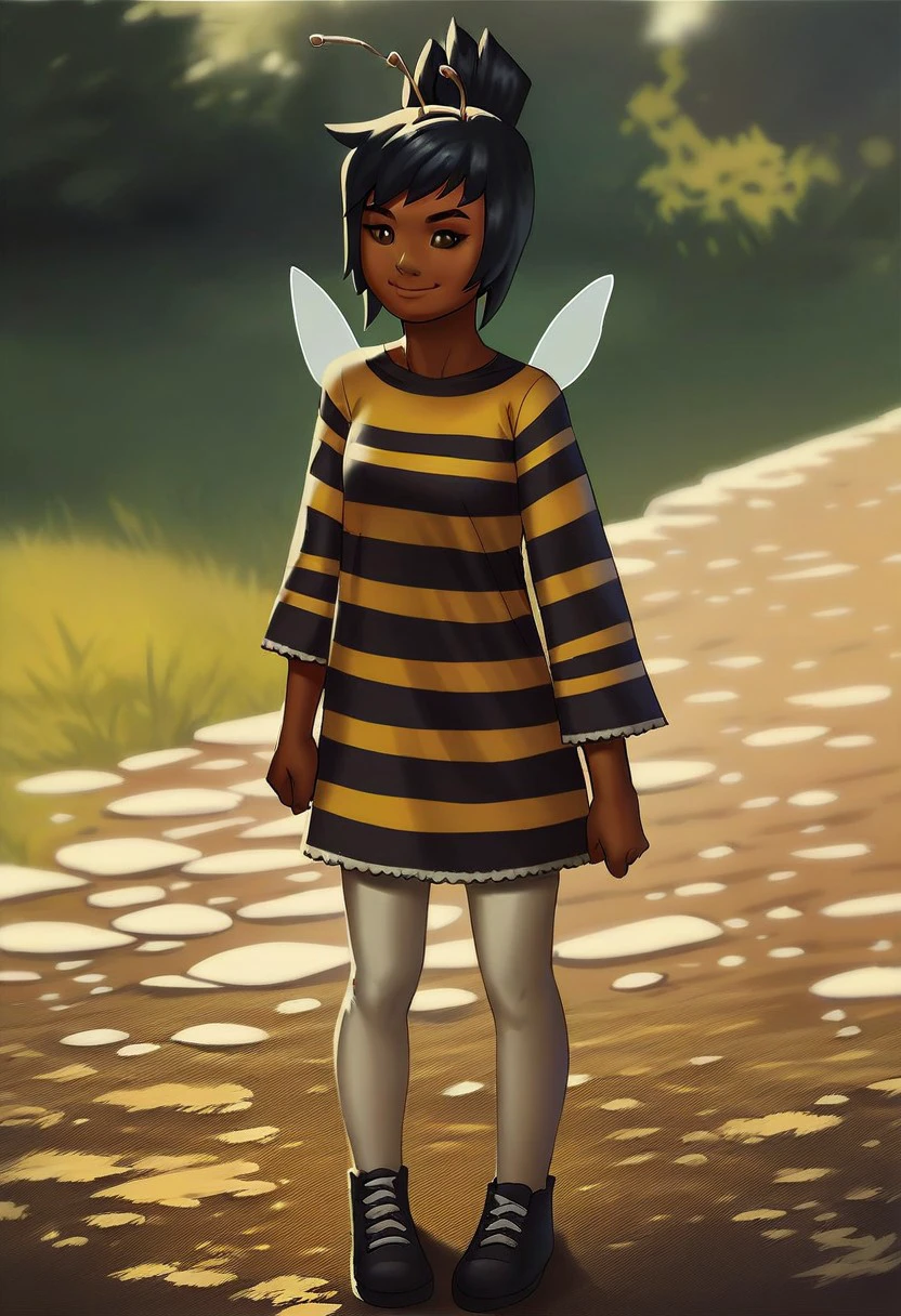 score_9_up, score_8_up, score_7_up, score_6_up, 1girl, solo, roxie_R_Mysims, dark-skinned female, antennae, striped shirt, leggings, shoes, black hair, brown eyes, insect wings, (standing outside), smile, (realistic, painted art), adult