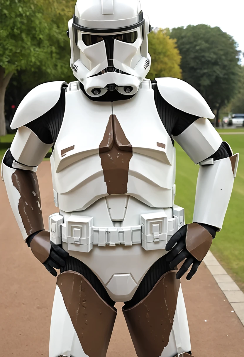 <lora:clone-trooper-PXL:0.8> clone-trooper-pxl, clone trooper, solo, overweight, Mud markings, hand focus, navel cutout, hand_on_hip, park, , source_comics