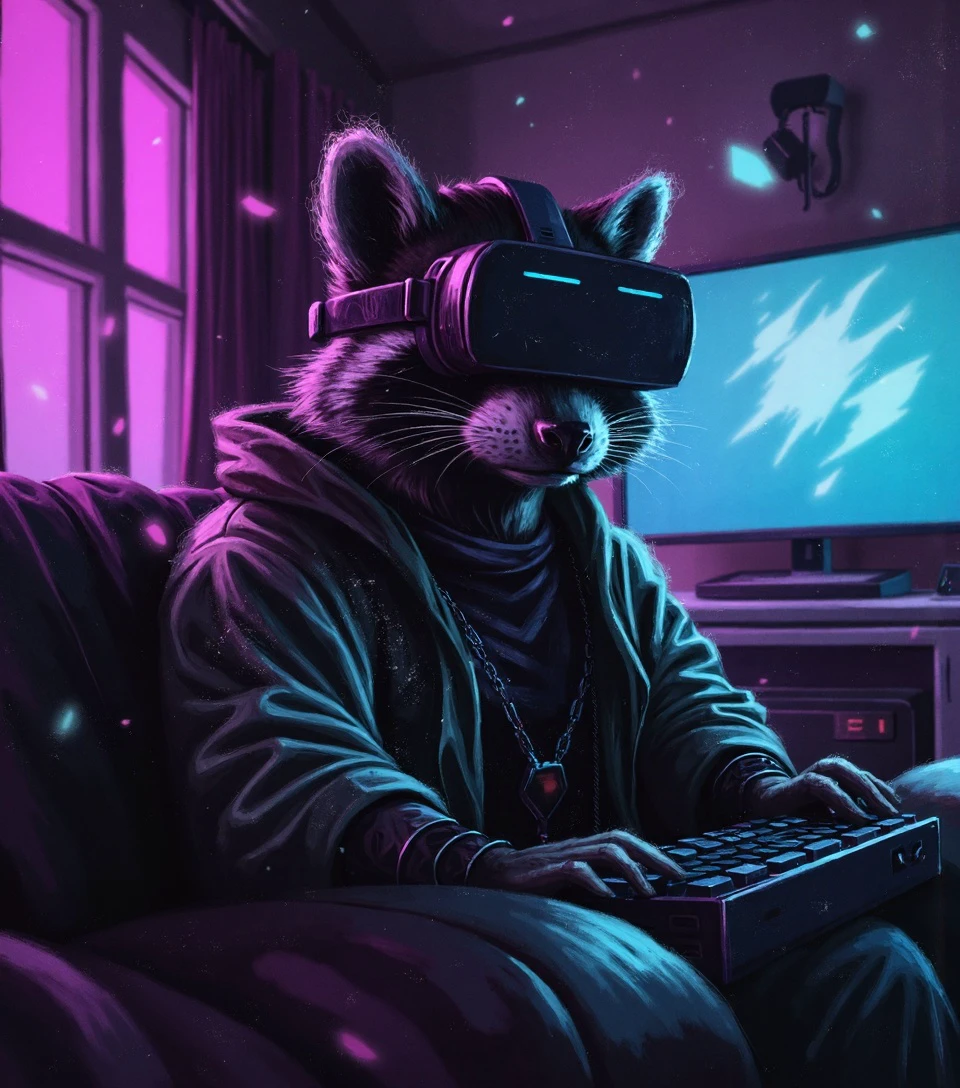 1ngra551a. A digital painting of a raccoon wearing sleek black VR headset with RGB neon glow, cyberpunk style clothing with holographic patterns, sitting in a modern gaming room with RGB LED strips on walls, ambient purple and blue lighting, floating holographic displays in background, visible bold brush strokes creating textured effect