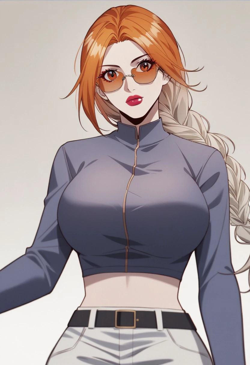 score_9, score_8_up, score_7_up, BREAK, AnMenglan, gradient hair, orange hair, white hair, orange eyes, large breasts, red lips, makeup, CasualBlue, long hair, braided ponytail, single braid, sunglasses, blue crop top, long sleeves, midriff, black belt, white pants, 1girl, solo,