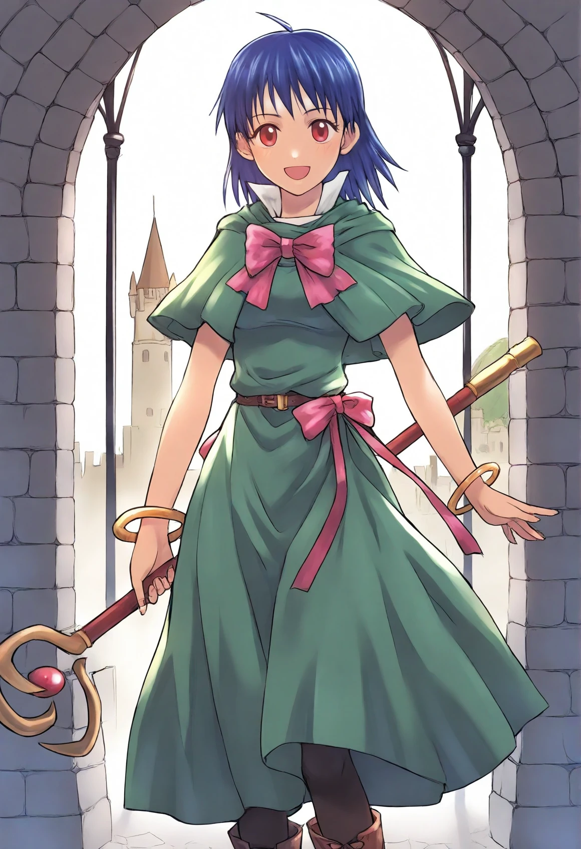 1girl,aozora kyuuji,kyouno aki, <lora:CarrieFernandezIllustrious:0.9>, cf64,short hair,blue hair,red eyes,bow,green dress,capelet,pantyhose,boots,bracelet,full body,holding staff,happy,:d,indoors,castle,(solo:1.3),facing viewer,straight on,masterpiece,best quality,stone wall,