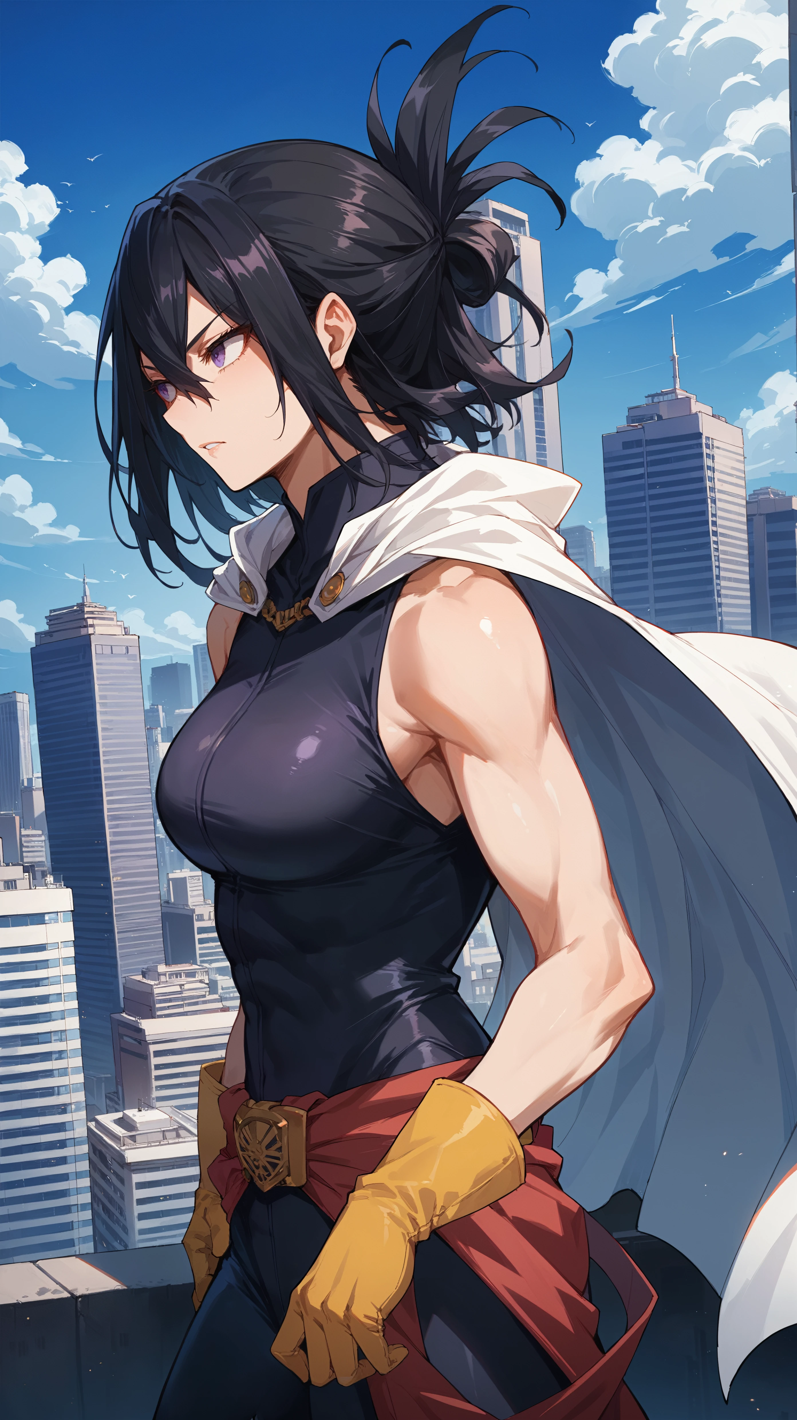 score_9,score_8_up,score_7_up,score_6_up, <lora:xl_more_art-full_v1:0.5>, source_anime, woman, dynamic pose, looking away, <lora:Nana Shimura - Pony-000004:0.8>, black hair, hair between eyes, short ponytail, purple eyes, black bodysuit, sleeveless, white cape, yellow gloves, red waist cape, rooftop, skyscraper, cityscape, horizon,