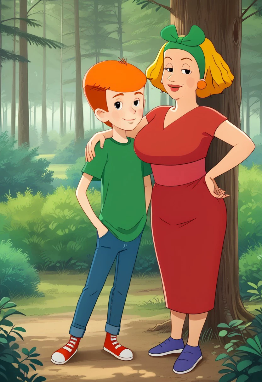 2d, cartoon, margo, fyodor, prostokvashino, forest, bushes, trees, outdoor background, perfect face, perfect hands, detailed, two characters, couple boy and woman, prostokvashino, black eyes, footwear,  couple with size difference, shorter male, 
(margo, woman with short blonde hair with green hairbow, busty milf, red dress, blue footwear   ).
(fyodor, boy with short orange hair, boy in jeans and green shirt, red footwear).
couple posing against viewer, woman hug boy with one hand, smug smile, looking at viewer, standing against tree, boy with hands in pockets,