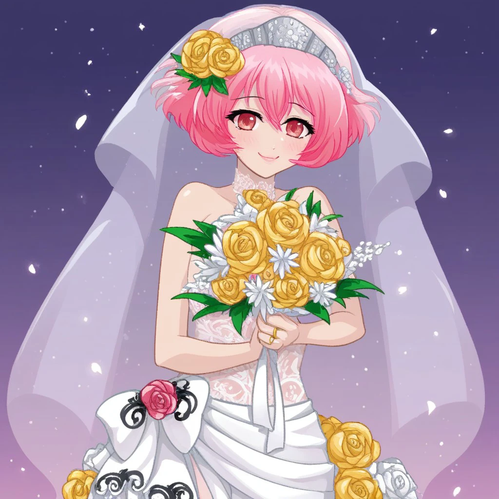 (masterpiece), best quality, expressive eyes, perfect face, score_9, score_8_up, score_7_up, score_6_up, looking at viewer, blush, smile, solo, ell3_cc, white roses, wedding dress, flowers on head, hair flower, big white ribbon, yellow rose, bridal veil, bouquet, golden ring, golden ring on finger, white frilled choker, holding bouquet, cowboy shot
, <lora:fff6bdc7-03aa-4dd4-b81b-8adb89c0e2bb:0.8>